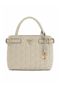 Sac à main matelassé beige en matériau synthétique avec double poignée, accents dorés et un pendentif avec des clés et le logo de la marque.