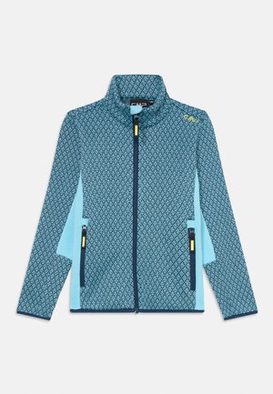 Veste en polaire bleue avec motif géométrique, col haut, fermeture éclair à l'avant et deux poches zippées. Panneaux contrastants en bleu plus clair.