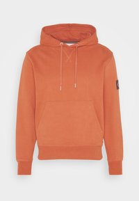 Felpa arancione con cappuccio dotata di tasca a marsupio, polsini e orlo a costine. Presenta dei lacci e una patch con logo sulla manica. Tessuto morbido.