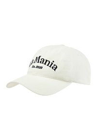 Căciulă albă de baseball, confecționată din bumbac, cu text brodat în negru "La Mania Est. 2010" pe față și o vizieră curbată.