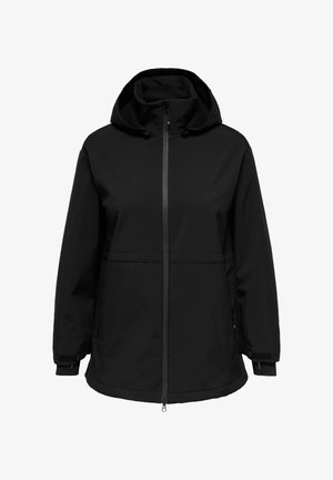 Veste noire avec capuche, dotée d'une fermeture éclair avant, de poignets ajustables et de deux poches latérales. Fabriquée en tissu lisse et résistant à l'eau.