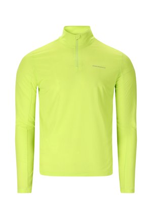 Helles gelb-grünes langärmliges Sportoberteil mit Viertelreißverschluss und "ENDURANCE"-Logo auf der linken Brust.