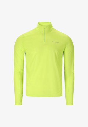 Helles gelb-grünes langärmliges Sportoberteil mit Viertelreißverschluss und "ENDURANCE"-Logo auf der linken Brust.