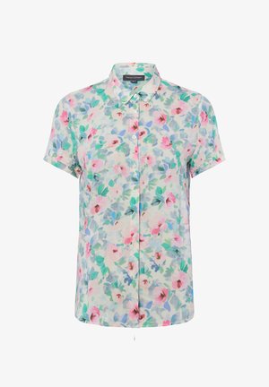 Kurzarmbluse mit pastellfarbenem Blumenmuster in Pink, Grün und Blau, mit Kragen und vorderen Knöpfen.