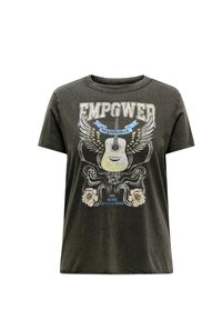 Mörkgrå bomullströja med rund hals, med en grafisk design av en gitarr, vingar och blommiga detaljer i ljusa färger.