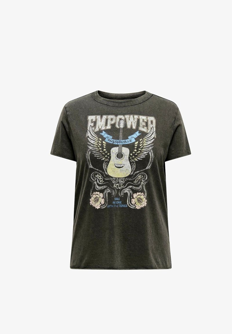 Mörkgrå bomullströja med rund hals, med en grafisk design av en gitarr, vingar och blommiga detaljer i ljusa färger.