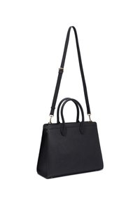 Borsa a mano in pelle nera con doppio manico superiore, una tracolla removibile e un design strutturato e rettangolare. Superficie texturizzata con accenti dorati.
