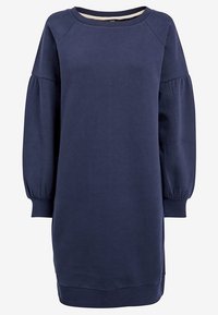 Robe sweat-shirt bleu marine en tissu doux, avec manches longues bouffantes et encolure arrondie, coupe légèrement ample et ourlet.