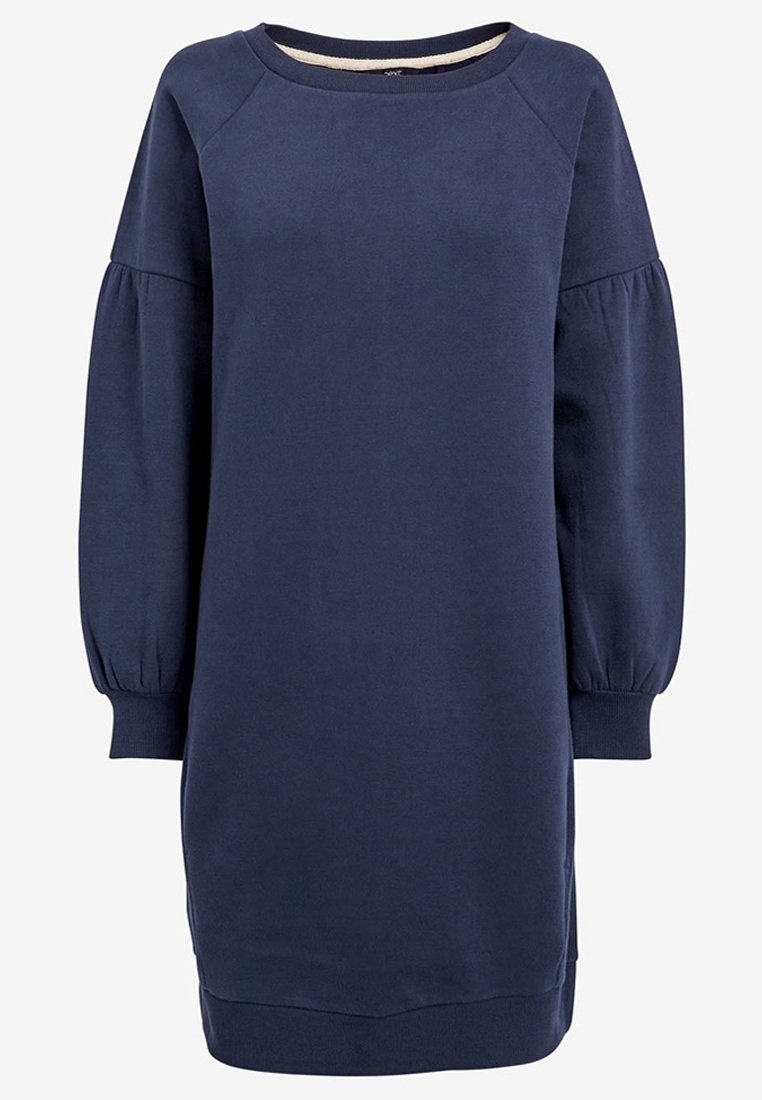 Robe sweat-shirt bleu marine en tissu doux, avec manches longues bouffantes et encolure arrondie, coupe légèrement ample et ourlet.