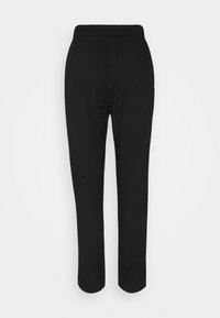 Pantalon noir léger avec une ceinture élastique, jambes droites et texture lisse. Design simple, sans motifs ni accents visibles.