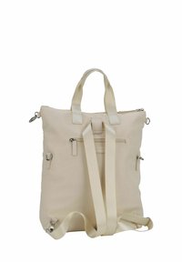 Beige Tasche mit doppelten Griffen und verstellbarenTrägern. Verfügt über mehrere Reißverschlüsse und eine Tasche auf der Vorderseite. Glatte Textur.