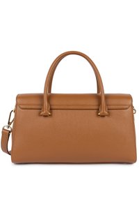 Borsa a tracolla in pelle color tan con un design strutturato, manici superiori e una tracolla rimovibile. Presenta accenti hardware sottili e una texture minimale.