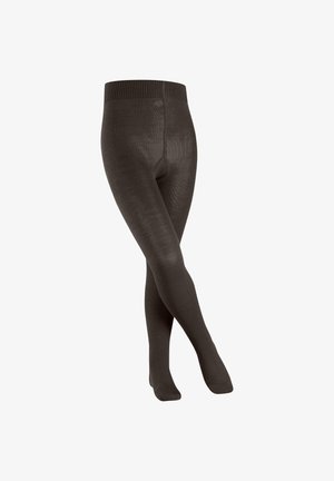 Ondoorzichtige, donkerbruine leggings met een brede geribbelde tailleband. Zachte textuur, aansluitend ontwerp en volledige dekking van taille tot enkels.