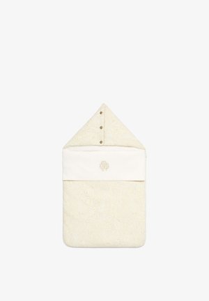 Sacco nanna per neonati color crema con cappuccio, motivo floreale delicato, tre bottoni sul cappuccio e un emblema decorativo ricamato sul petto.