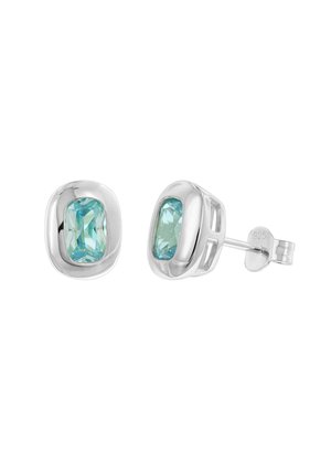 Silver stud earrings featuring rectangular aqua blue gemstones with polished rounded edges and secure butterfly backings.