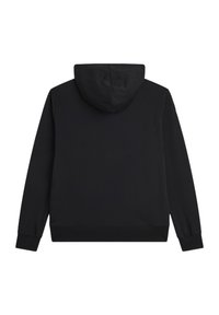 Sudadera negra con capucha, hecha de tela suave. Presenta mangas largas, puños acanalados y un diseño de dobladillo recto.