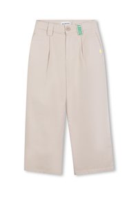 Beige wijd uitgesneden broeken met plooien, gemaakt van zachte stof. Voorzien van een groene 'SORRY' label, een knoopsluiting en riemlussen.