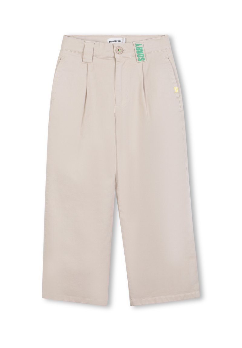 Beige wijd uitgesneden broeken met plooien, gemaakt van zachte stof. Voorzien van een groene 'SORRY' label, een knoopsluiting en riemlussen.