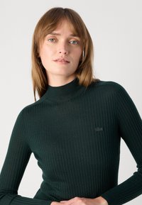 Pull en maille côtelée vert foncé avec une coupe ajustée. Présente une broderie de logo subtile sur la poitrine, des manches longues et une texture douce.