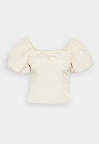 Top crema a maniche corte con scollatura quadrata, tessuto testurizzato e maniche a sbuffo. Taglio dritto e finitura morbida lucida.