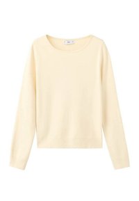 Pull en tricot couleur crème à manches longues avec un col rond, un ourlet et des poignets côtelés, présenté sur fond blanc.