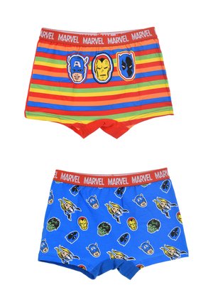 Bunte Jungen-Boxershorts mit einem gestreiften Design und Charaktergesichtern oben sowie einem blauen Muster mit Superhelden-Ikonen unten. Roter Bund.