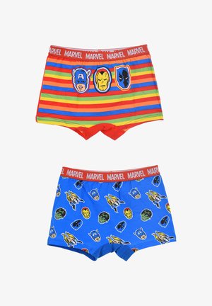 Colorful boys' boxer briefs featuring a striped design with character faces on top and a blue pattern with superhero icons on the bottom. Red waistband.