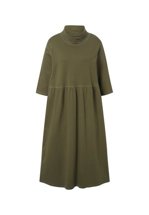 Olivengr�ünes Kleid mit hohem Halsauschnitt und kurzen Ärmeln. Ausgestellter Schnitt mit geraffter Taille und kontrastierendem Nähdetail.