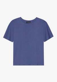 Kortermet t-skjorte med rund hals i solid mørk blå bomull med en jevn tekstur. Har en rett kant og minimalistisk design. Merkeetikett synlig.