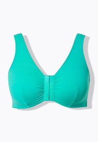 Tyrkysová bezdrátová podprsenka s širokými ramínky a zapínáním na háček vpředu, zobrazena na bílém pozadí.