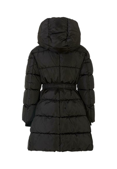 Schwarze Pufferjacke mit Kapuze, gestepptem Muster, taillierter Passform und langen Ärmeln; verfügt über horizontale Nähte und einen knielangen Schnitt.