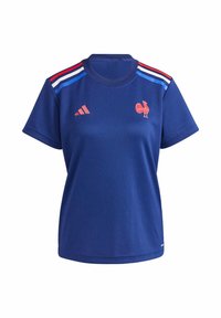 Blue athletic t-shirt with short sleeves, round neck, featuring red and white stripes on shoulders and a rooster emblem in pink on the chest.