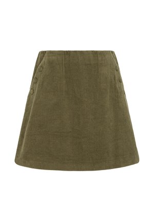 Zelenohnědá kordurová sukna ve tvaru A s texturovaným povrchem, vysokým pasem a čtyřmi knoflíkovými detaily na levé straně.