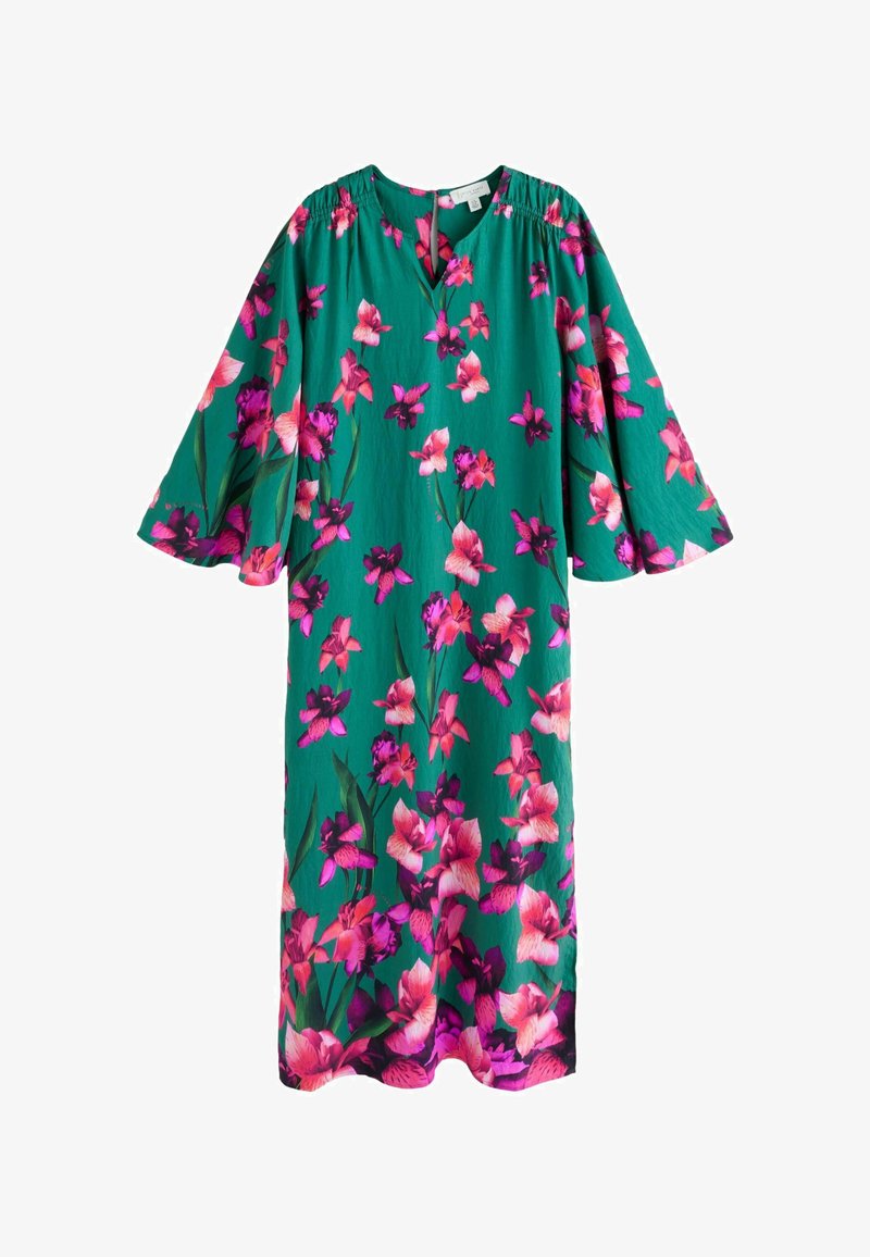 Robe midi verte avec manches larges 3/4, imprimé floral rose et violet, et petite fente en V à l'avant.