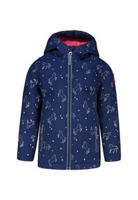 Navy blue jacket featuring a repeating horse print and hearts. It has a front zipper, two side pockets, and a lined hood.