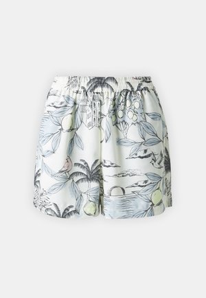 Bermuda leggere con una cintura elastica, caratterizzate da una base bianca e un motivo tropicale colorato che include foglie, uccelli e una scena costiera.