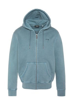 Sweat à capuche bleu clair zippé avec poches avant, capuche avec cordon, poignets côtelés et petit logo brodé de la marque sur la poitrine.