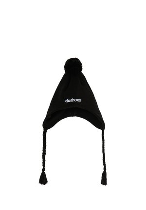 Black winter hat with earflaps, braided tassels, pom-pom top, and white DC Shoes logo on the front center.