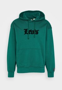Grüner Baumwollhoodie mit Kordelzugkapuze, frontaler Känguru-Tasche und schwarzem "Levi's"-Logo. Weicher Stoff und gerippte Bündchen.