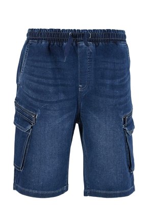 Denim cargo shorts featuring a dark blue wash, elastic waistband with drawstring, and multiple side pockets with zip closures.