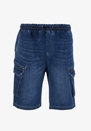 Denim kratke hlače s cargo obliko, temno modre pranje, elastičnim pasom z vrvico in več stranskimi žepi z zadrgo.