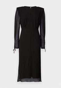 Rochie midi neagră cu umeri căptușiți, mâneci lungi transparente, talie strânsă și închidere la spate cu buton și deschidere în formă de cheie.