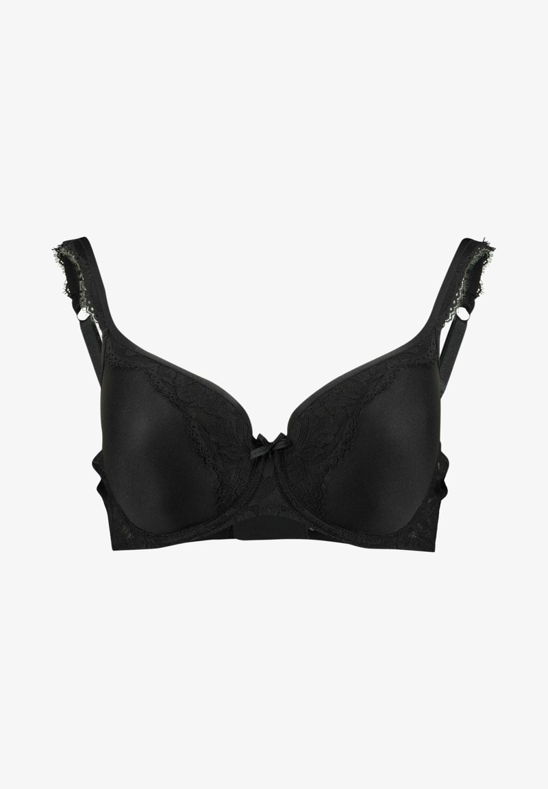 Mustat rintaliivit pitsiyksityiskohdilla, sileillä kupuilla ja säädettävillä olkaimilla. Keskiosassa on pieni nauha ja teksturoidut kankaat.