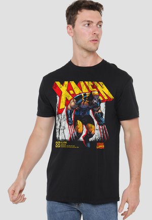 Black short-sleeve t-shirt featuring a colorful Wolverine graphic with claws, and bold "X-MEN" text in red and yellow, set against a textured background.
