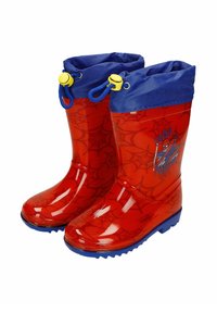 Červené gumové deštníká s modrým vrškem, zdobené grafikou Spidermana a vzorky pavučiny. Odolný, voděodolný design s texturovanou podrážkou pro lepší přilnavost.