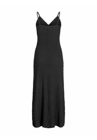 Abito maxi nero senza maniche con una finitura testurizzata, caratterizzato da spalline sottili e un corpetto aderente che si allarga verso l'orlo.