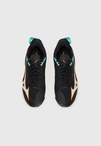 Black athletic shoes with turquoise and orange accents, featuring a mesh upper, laces, and a sturdy sole for traction.