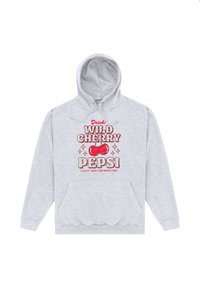Felpa grigia chiara con cappuccio che presenta ciliegie rosse e la scritta "Bevi! Wild Cherry Pepsi leggera e rinfrescante" sulla parte anteriore.