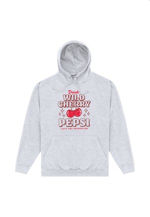 Felpa grigia chiara con cappuccio che presenta ciliegie rosse e la scritta "Bevi! Wild Cherry Pepsi leggera e rinfrescante" sulla parte anteriore.