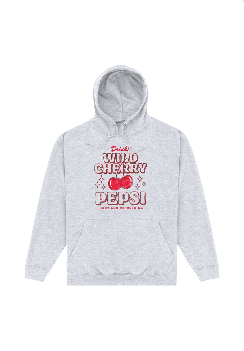 Sudadera ligera de color gris con cerezas rojas y el texto "¡Bebe! Wild Cherry Pepsi, ligera y refrescante" en el frente.